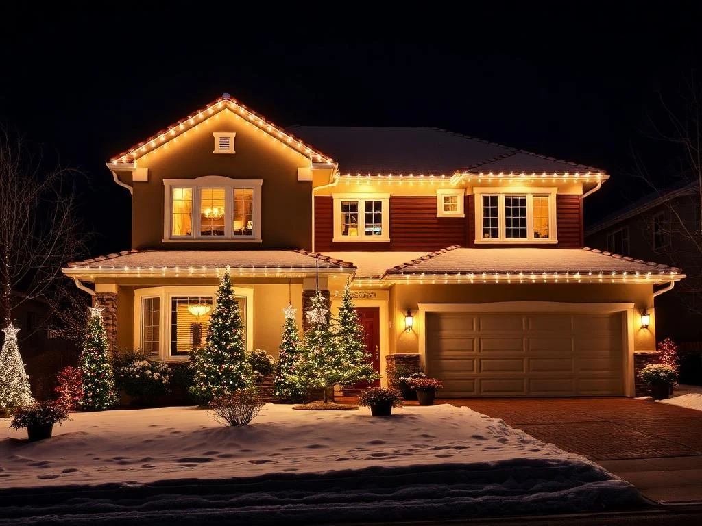Two-story home with warm white roofline lights and lit trees