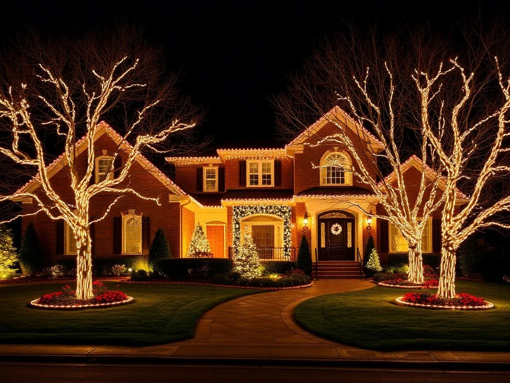 Estate home with wrapped trees and full display