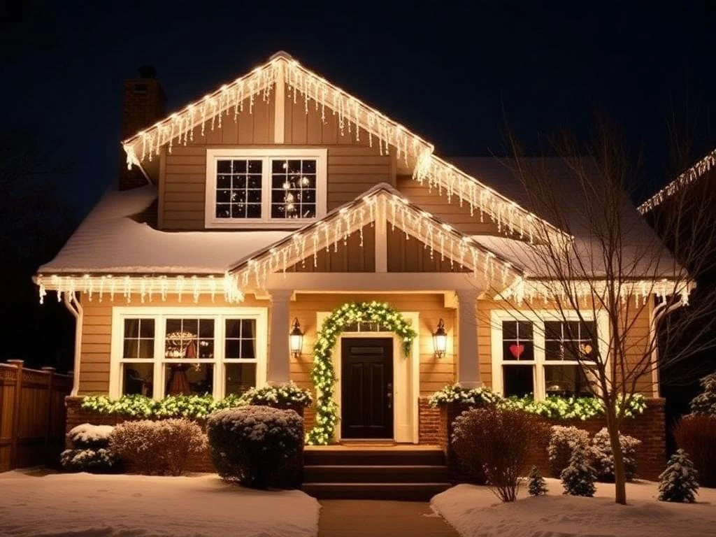 Craftsman home with icicle lights and garland