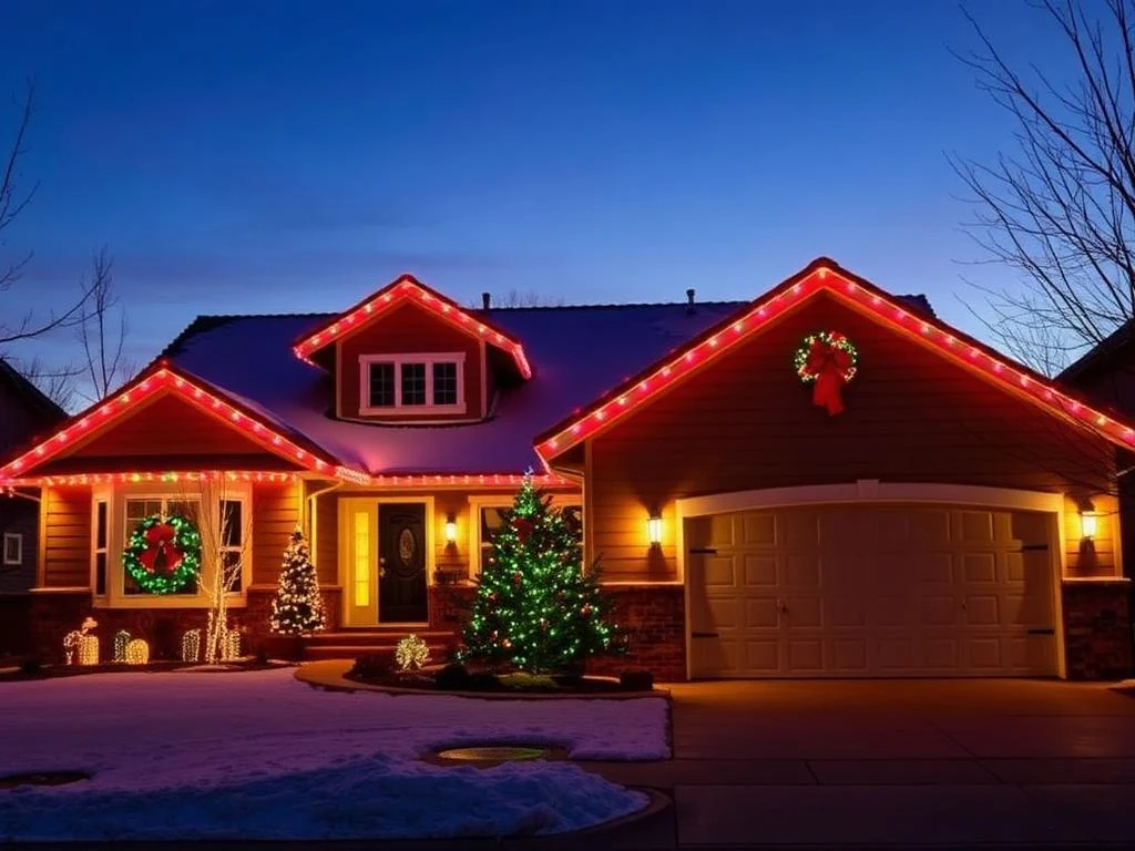 Ranch home with multicolor roofline and wreaths
