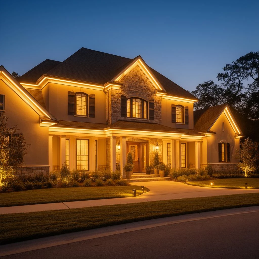 Permanent LED roofline on two-story home