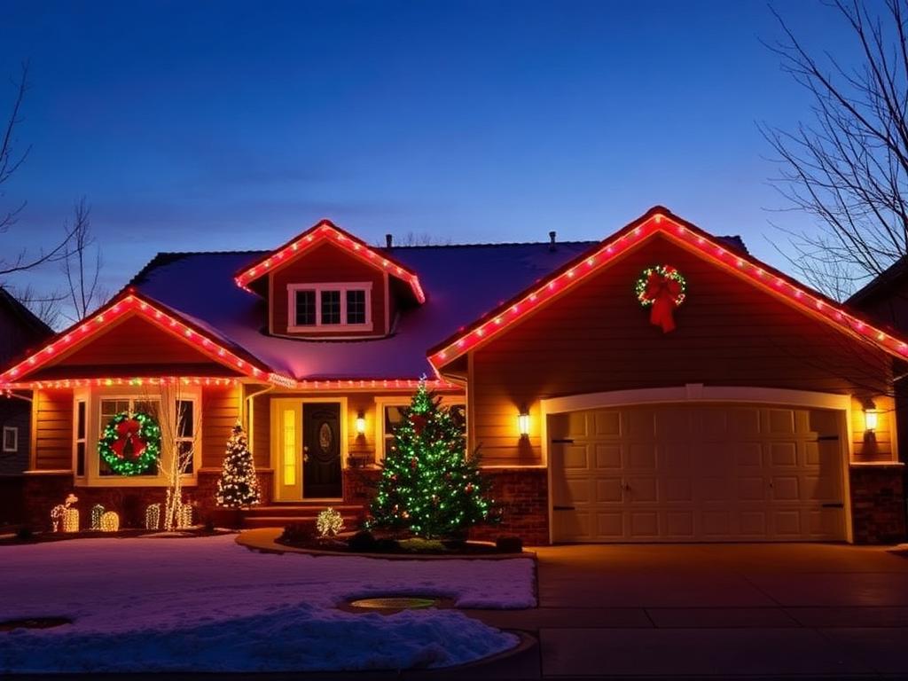 Ranch home with multicolor roofline and wreaths