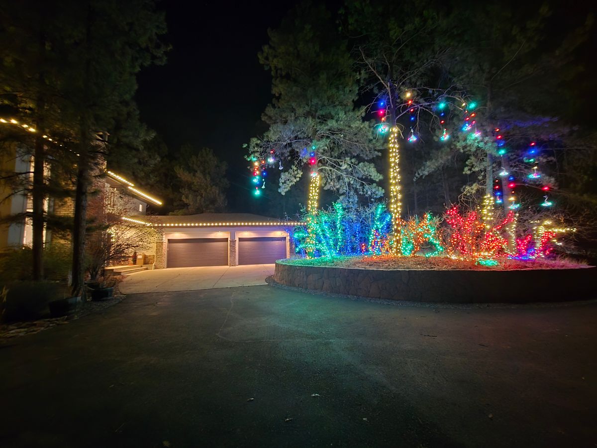 Colorful multicolor tree and bush wrapping with roofline lights
