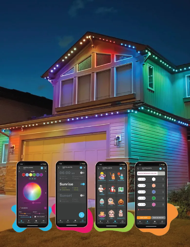 Watts permanent lighting in full rainbow on a Castle Rock home with the Watts app interface