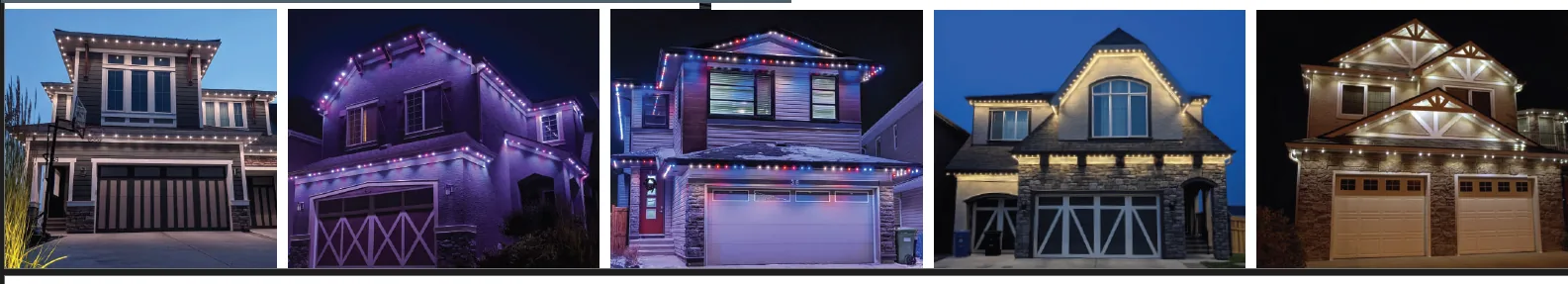 Five homes showing warm white, purple, red/white/blue, and multicolor Watts permanent lighting